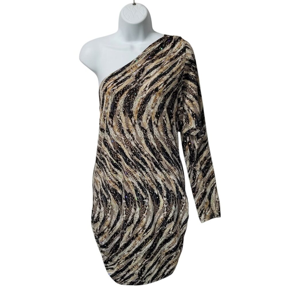 Sequin Embellished‎ One Shoulder Mini Dress Juniors XL Ruched Sides Animal Print